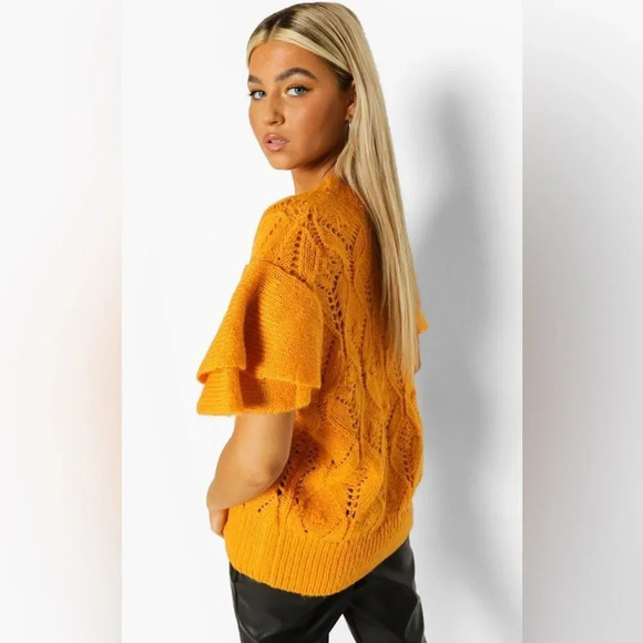 NWT adorable VIGOSS SS Sweater Cardigan Cantaloupe Color Ruffles Knit L - Picture 2 of 5